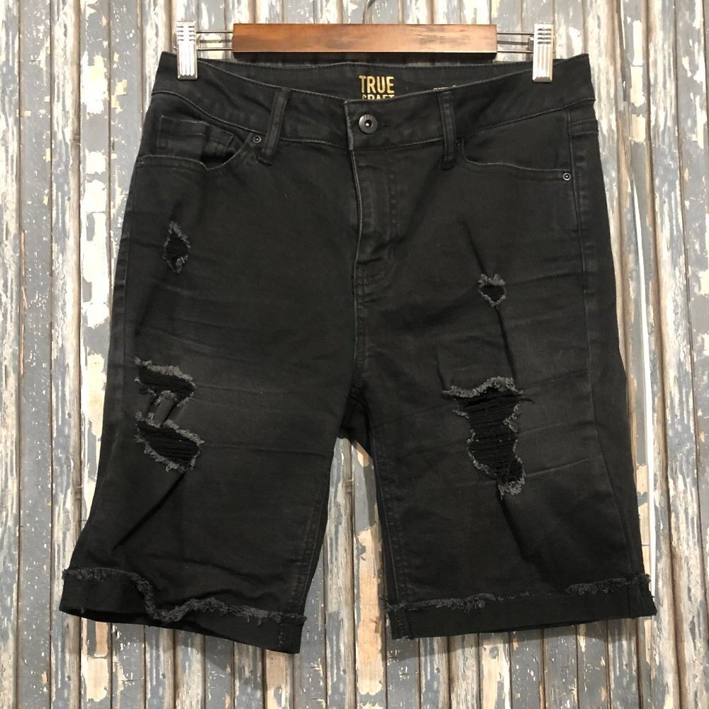 TRUE CRAFT Bermuda Cuffed Distressed Shorts Black Womens Size 9